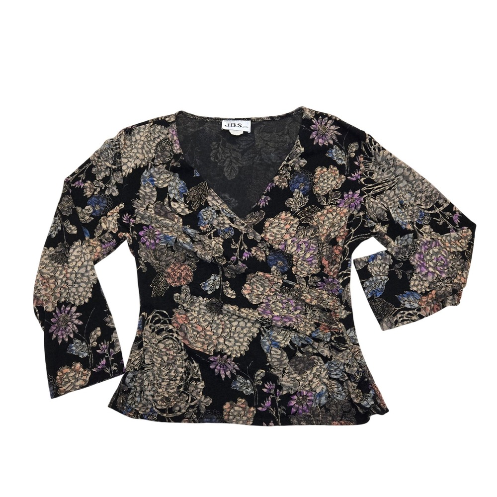 JBS Ltd Womens Medium Black Floral Metallic V-Neck Faux Wrap Top 3/4 Sleeve Vtg